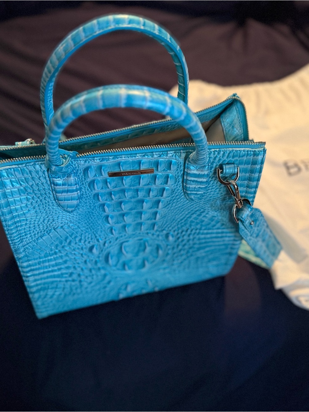Brahmin Croc-Embossed Turquoise Satchel